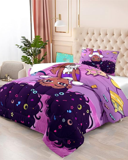 Cute African American Girls Comforter Set for Girls Room Pink Twin Comforter Set for Girls 2 Piece Afro Black Girls Bedding Set with 1 Pillowcase Snacks Bear Girls Quilt, Twin Size - LeafyLoom