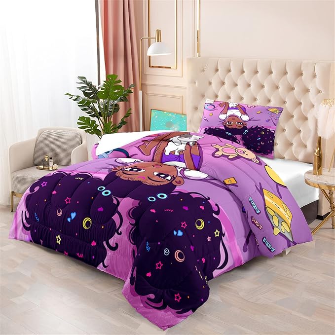 Cute African American Girls Comforter Set for Girls Room Pink Twin Comforter Set for Girls 2 Piece Afro Black Girls Bedding Set with 1 Pillowcase Snacks Bear Girls Quilt, Twin Size - LeafyLoom