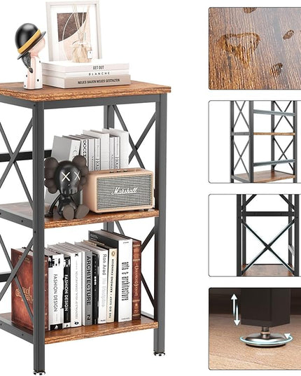 YMYNY 3 Tiers Bookcase, Industrial Metal Bookshelf with Side Fence, Storage Organizer for Living Room, Home Office, Bedroom, Display Racks, Sofa Side Table, Rustic Brown, 29.5*15.75*11.4" UHST008H - LeafyLoom