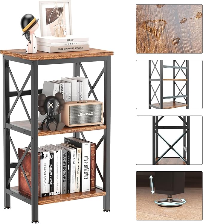 YMYNY 3 Tiers Bookcase, Industrial Metal Bookshelf with Side Fence, Storage Organizer for Living Room, Home Office, Bedroom, Display Racks, Sofa Side Table, Rustic Brown, 29.5*15.75*11.4" UHST008H - LeafyLoom