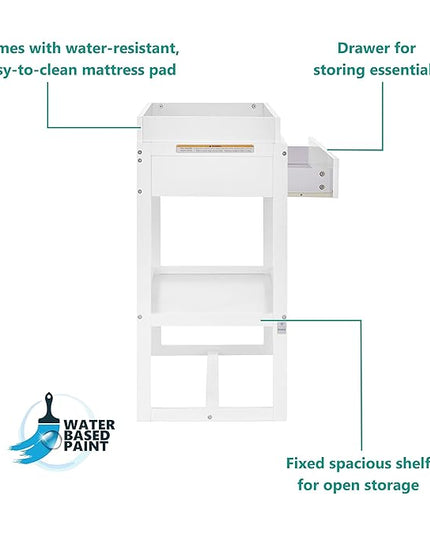 Arlo Changing Table in White, Made of Solid New Zealand Pinewood, Non-Toxic Finish, Comes with Water Resistant Mattress Pad & Safety Strap - LeafyLoom