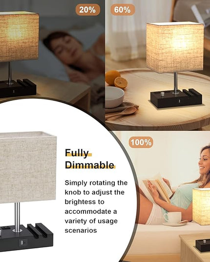 Kakanuo Table Lamp for Bedroom with Dual USB Ports, Beige Fully Dimmable Bedside Lamp with Phone Stands and 2 Charging Outlets, Desk Lamp for Nightstand and Living Room, LED Bulb Included - LeafyLoom