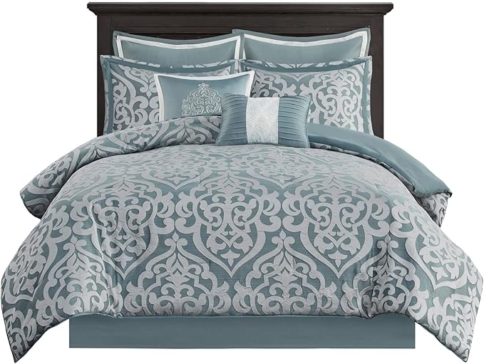 Madison Park Odette Cozy Comforter Set Jacquard Damask Medallion Design - Modern All Season, Down Alternative Bedding, Shams, Decorative Pillows, Queen(90 in x 90 in), Aqua - LeafyLoom
