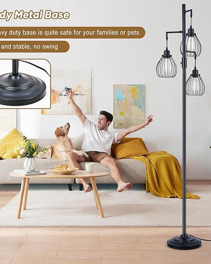 68.5” Dimmable Floor Lamp, Industrial Farmhouse Floor Lamps with Elegant Teardrop Cages, Rustic Floor Lamps Black Tall Vintage Pole Lamps for Living Room Bedroom Office, 3 LED Bulbs Included - LeafyLoom