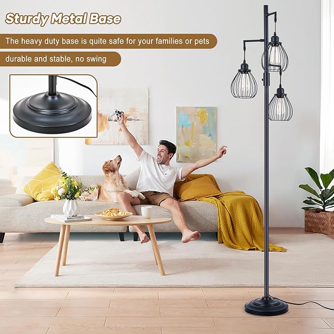 68.5” Dimmable Floor Lamp, Industrial Farmhouse Floor Lamps with Elegant Teardrop Cages, Rustic Floor Lamps Black Tall Vintage Pole Lamps for Living Room Bedroom Office, 3 LED Bulbs Included - LeafyLoom