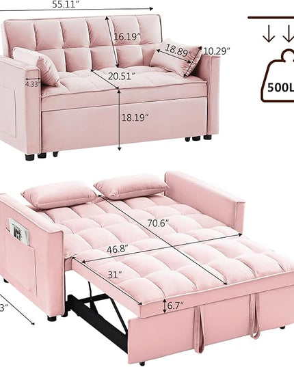Loveseat Sofa Bed Convertible Chair with 2 Pockets & 2 Pillows for Living Room, Pink - LeafyLoom