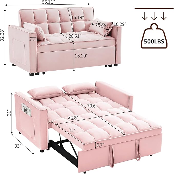 Loveseat Sofa Bed Convertible Chair with 2 Pockets & 2 Pillows for Living Room, Pink - LeafyLoom