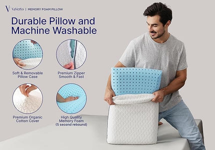 King Size Gel Memory Foam Pillow: Ventilated, Orthopedic, Contoured Support, Cooling Design with Viscose Made from Bamboo Cover - Dorm Room Essential - LeafyLoom
