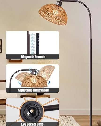 Boho Floor Lamp with Remote- Bronze Floor Lamps with Stepless Dimmable Bulb, Remote Control, Hand-Worked Adjustable Rattan Lamp Shades, Brown Rattan Standing Lamp for Living Room, Bedroom, Office - LeafyLoom