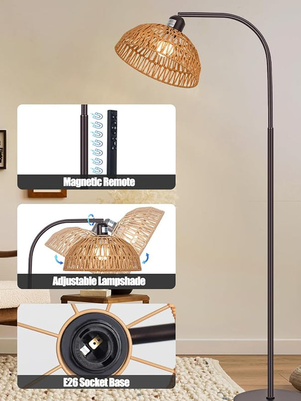 Boho Floor Lamp with Remote- Bronze Floor Lamps with Stepless Dimmable Bulb, Remote Control, Hand-Worked Adjustable Rattan Lamp Shades, Brown Rattan Standing Lamp for Living Room, Bedroom, Office - LeafyLoom