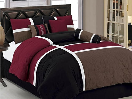 Chezmoi Collection Upland 7-Piece Quilted Patchwork Comforter Set, Burgundy/Black/Brown, California King - LeafyLoom