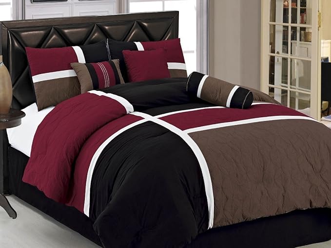 Chezmoi Collection Upland 7-Piece Quilted Patchwork Comforter Set, Burgundy/Black/Brown, Queen - LeafyLoom