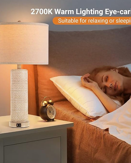 Set of 2 Contemporary Table Lamp, Ceramic Bedside Lamps with 3 Color Temperature, 27.5'' Nightstand Lamp Sets with USB Ports Linen Fabric Shade End Table Lamps for Living Room Bedroom, Bulb Included - LeafyLoom