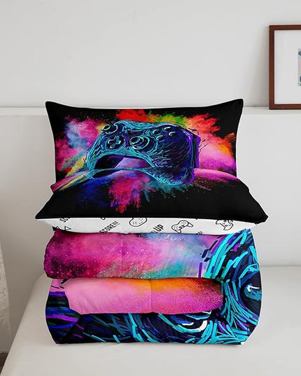 Erosebridal Boys Gaming Bed Comforter Set Queen Size,Kids Gamer Bedding Sets Girls,Colorful Tie Dye Video Game Quilt Comforter Navy Blue Gamepad Lightweight Bedding Set 1 Comforter with 2 Pillowcases - LeafyLoom
