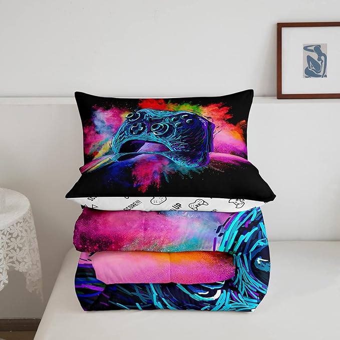 Kids Gamer Twin Size Comforter Set For Boys Teen Gaming Bedding Sets Video Game Room Deocr Girls Colorful Tie Dye Bed Set Navy Blue Gamepad Soft Lightweight Comforter For All Season 1 Pillowcase - LeafyLoom