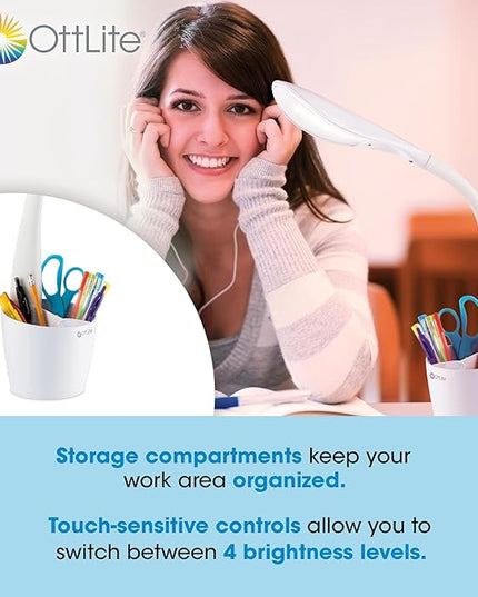 OttLite LED Desk Lamp Space Organizer with Flexible Neck Height - 4 Brightness Settings with Touch Activated Controls, Energy-Efficient Natural Daylight LEDs for Home Office, Desk, & Dorms - LeafyLoom