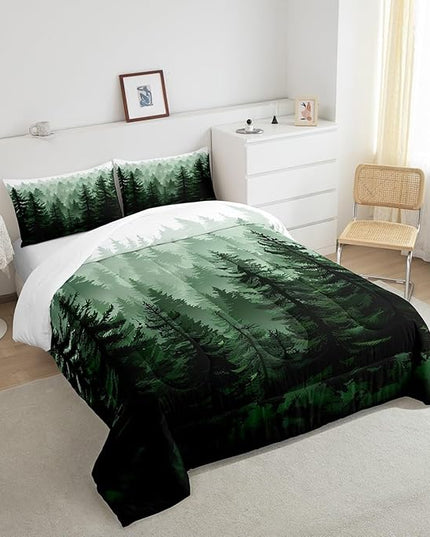 Fog Forest Comforter Botanical Pine Trees Comforter Set for Boys Girls Children Watercolor Style Green Comforter Set Room Decor Full Size Duvet Set 3Pcs - LeafyLoom