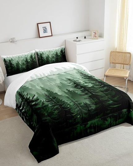 Feelyou Fog Forest Comforter Botanical Pine Trees Comforter Set for Boys Girls Children Watercolor Style Green Comforter Set Room Decor Twin Size Duvet Set 2Pcs - LeafyLoom
