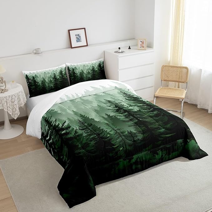 Feelyou Fog Forest Comforter Botanical Pine Trees Comforter Set for Boys Girls Children Watercolor Style Green Comforter Set Room Decor Twin Size Duvet Set 2Pcs - LeafyLoom