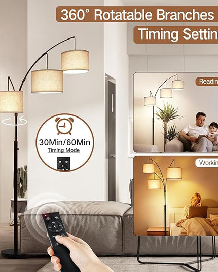 OUTON Arc LED Floor Lamp with Remote Control, Dimmable Modern Black 3 Light Arched Tall Floor Lamp, Mid Century Adjustable Standing Corner Lamps for Bedroom, Office, Living Room, Beige Lampshade - LeafyLoom