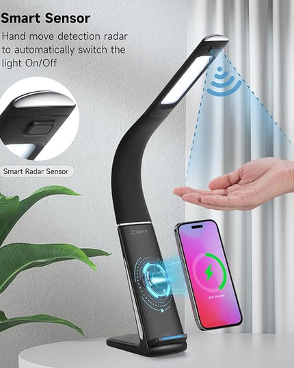 LED Desk Lamp with Wireless Charger, USB Charging Port, Stepless dimmable brightness, 3 Color Modes, Desk Lamps for Home Office, Table Lamp Eye Caring Reading Light, Gesture Control desk light - LeafyLoom