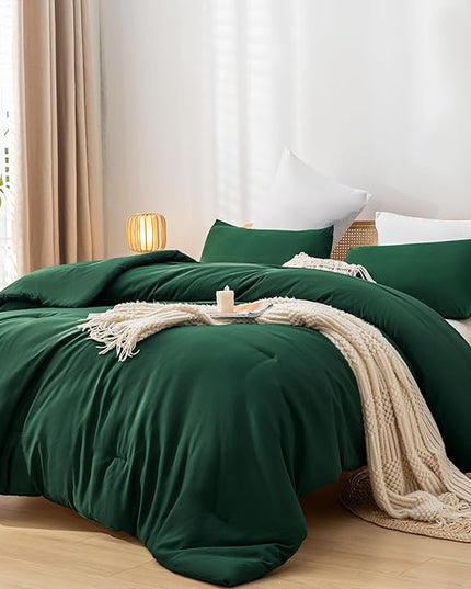 Queen Comforter Set Boho Emerald Green Comforter with 2Pillowcases Soft Microfiber Dark Green 3 Piece Bedding Comforter Set for All Season - LeafyLoom