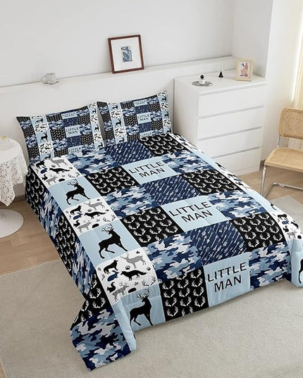 Manfei Camo Deer Antlers Comforter Set Twin,Geometric Checks Patchwork Bedding Set 2pcs for Kids Teens Boys Adults Room Decor,Boho Arrow Animals Quilt Set,Blue Xmas Duvet Insert with 1 Pillowcase - LeafyLoom