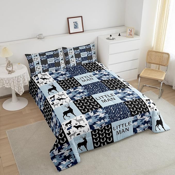 Manfei Camo Deer Antlers Comforter Set Twin,Geometric Checks Patchwork Bedding Set 2pcs for Kids Teens Boys Adults Room Decor,Boho Arrow Animals Quilt Set,Blue Xmas Duvet Insert with 1 Pillowcase - LeafyLoom