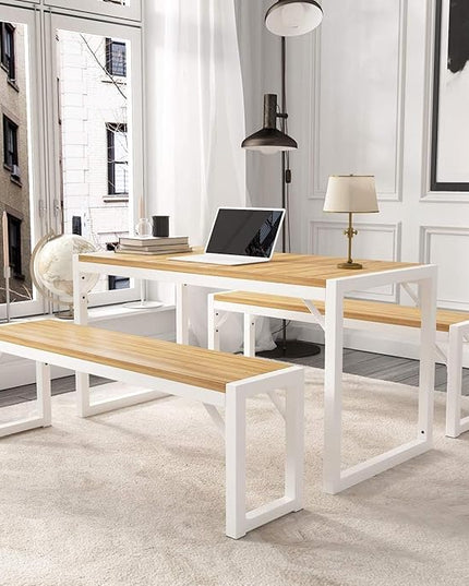 Allewie 3-Piece Kitchen Dining Table Sets with Benches, Sturdy Triangle Structure, Space-Saving, Multifunctional for Dining Room/Living Room/Studio, Maple Brown & White - LeafyLoom