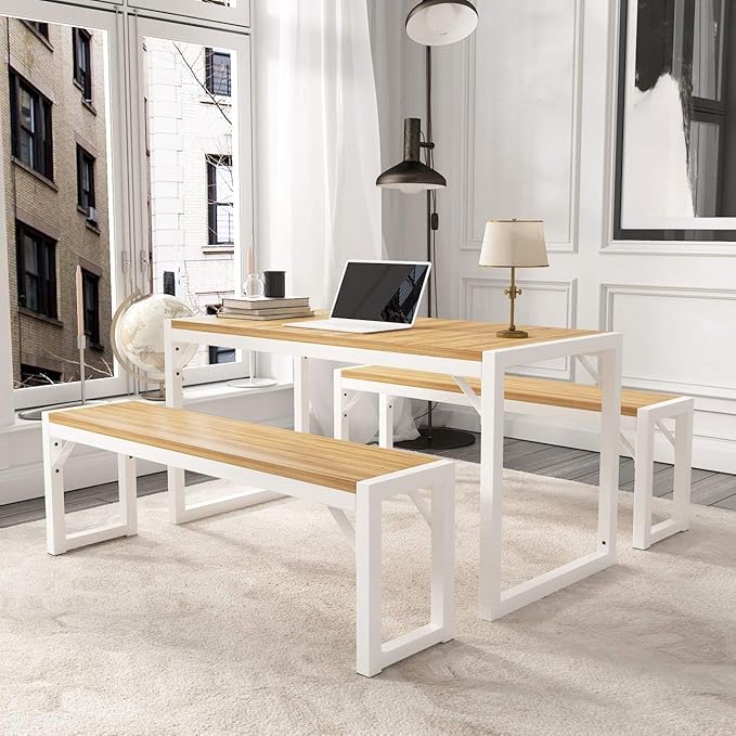 Allewie 3-Piece Kitchen Dining Table Sets with Benches, Sturdy Triangle Structure, Space-Saving, Multifunctional for Dining Room/Living Room/Studio, Maple Brown & White - LeafyLoom