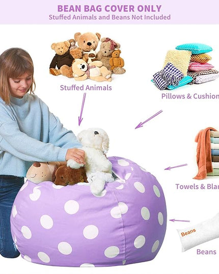 Aubliss Stuffed Animal Bean Bag Storage Chair, Beanbag Covers Only for Organizing Plush Toys, Turns into Bean Bag Seat for Kids When Filled, X-Large 48"-Canvas Dot Light Purple - LeafyLoom