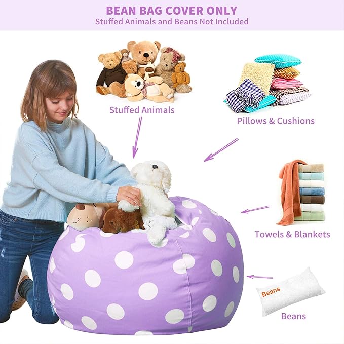 Aubliss Stuffed Animal Bean Bag Storage Chair, Beanbag Covers Only for Organizing Plush Toys, Turns into Bean Bag Seat for Kids When Filled, X-Large 48"-Canvas Dot Light Purple - LeafyLoom
