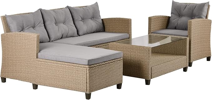 Outdoor Patio Furniture Sets, 4 Piece Rattan Conversation Sofa Wicker Sectional Couch with Chaise Lounge, Single Sofachair, Seat Cushions and Glass Table, for Garden Backyard Deck, Gray - LeafyLoom
