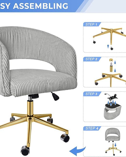 Office Desk Chair, Corduroy Ergonomic Office Chair with Wheels, Computer Swivel Rolling Chair, Comfy Vanity Desk Chairs for Bedroom, Living Room, Study, Light Grey - LeafyLoom