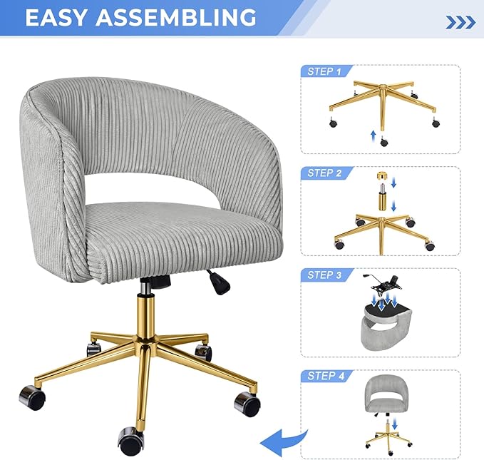 Office Desk Chair, Corduroy Ergonomic Office Chair with Wheels, Computer Swivel Rolling Chair, Comfy Vanity Desk Chairs for Bedroom, Living Room, Study, Light Grey - LeafyLoom