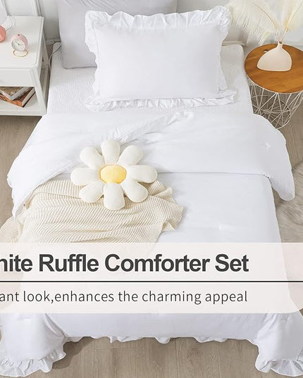 Andency White Comforter Twin Size, 2 Pieces Solid Farmhouse Shabby Chic Ruffle Bedding Comforters & Sets, All Season Soft Lightweight Fluffy Bed Set for Kids Girls Teens - LeafyLoom