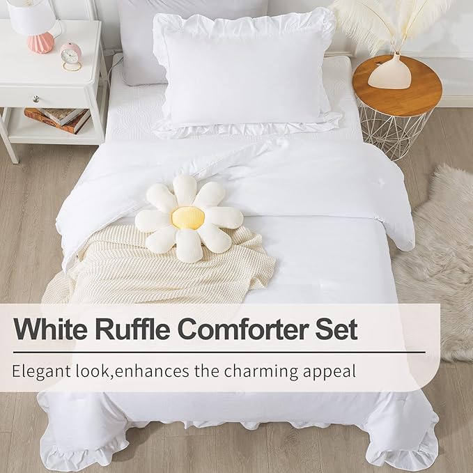 Andency White Comforter Twin Size, 2 Pieces Solid Farmhouse Shabby Chic Ruffle Bedding Comforters & Sets, All Season Soft Lightweight Fluffy Bed Set for Kids Girls Teens - LeafyLoom