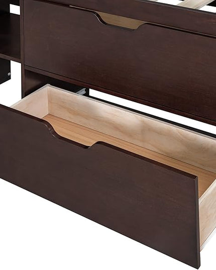 Loft Bed Frame, Twin Size Low Loft Bed with Small Rolling Desk, Chalkboard, 2 Shelves and 2 Storage Drawers for Kids Boys Girls Teens Bedroom, Space Saving Design, Espresso - LeafyLoom