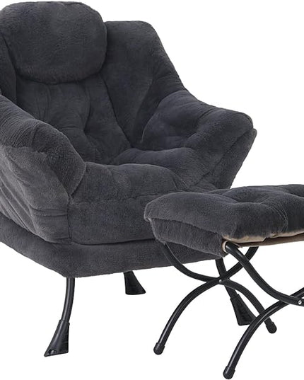 Lazy Chair with Ottoman, Modern Accent Chair Contemporary Lounge Leisure Upholstered Sofa Chair Set with Armrests, Reading Chair for Living Room, Bedroom, Office, Plush Navy - LeafyLoom