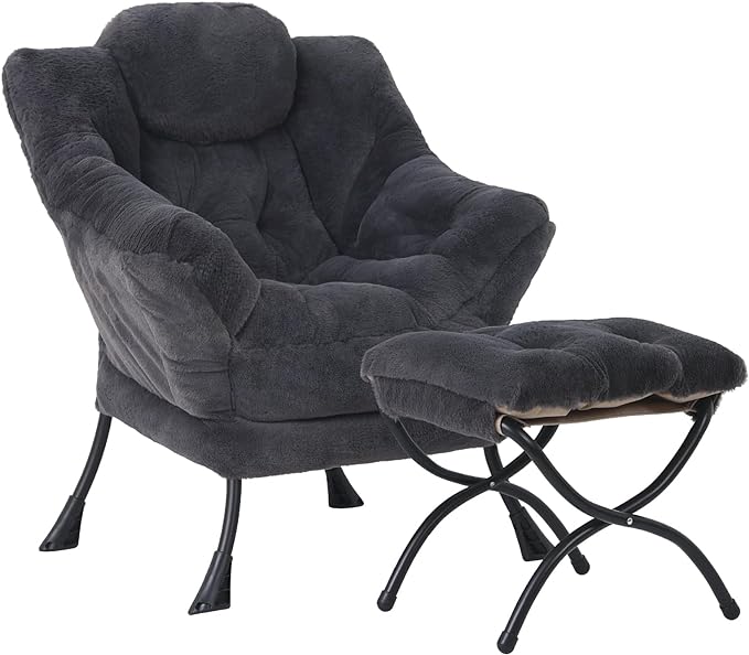 Lazy Chair with Ottoman, Modern Accent Chair Contemporary Lounge Leisure Upholstered Sofa Chair Set with Armrests, Reading Chair for Living Room, Bedroom, Office, Plush Navy - LeafyLoom