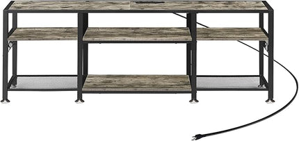 VECELO TV Stand with Power Outlets for Televisions Up to 75 Inch, Industrial Entertainment Center with 3-Tier Open Storage Shelves & 6 Hooks for Living, Bedroom and Gaming Room, 70 Inch, Rustic Grey - LeafyLoom