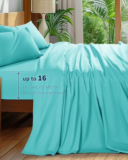 Shilucheng 100% Cotton King Size Sheets Set - 600 Thread Count，Luxury Egyptian Cotton Bed Sheets，5-Star Hotel Quality Sheets, Breathable & Cooling, 16 Inch Deep Pocket - 4 Piece (Seafoam, King) - LeafyLoom