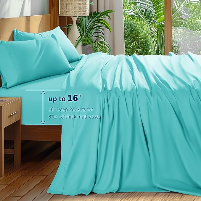Shilucheng 100% Cotton King Size Sheets Set - 600 Thread Count，Luxury Egyptian Cotton Bed Sheets，5-Star Hotel Quality Sheets, Breathable & Cooling, 16 Inch Deep Pocket - 4 Piece (Seafoam, King) - LeafyLoom