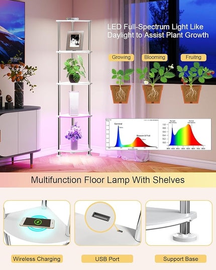 Floor Lamp with Shelves Corner Shelf with Lights Standing Lamp with Charging Stake APP Control Music Sync Multicolor Corner Lamp for Living Room White 5 Tier - LeafyLoom