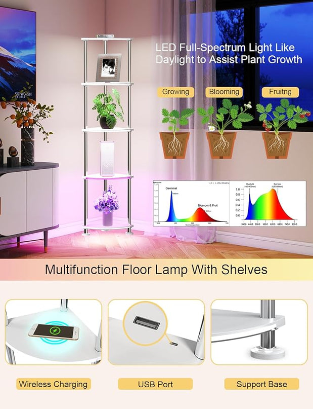Floor Lamp with Shelves Corner Shelf with Lights Standing Lamp with Charging Stake APP Control Music Sync Multicolor Corner Lamp for Living Room White 5 Tier - LeafyLoom