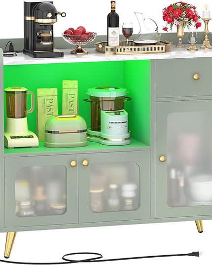 Cyclysio Sideboard Buffet Cabinet with Power Outlet, Kitchen Cabinet with LED Lights, Large Bar Cart Accent Buffet Cabinet with Door for Bedroom, Living Room, Kitchen, Hallway, Cyan - LeafyLoom
