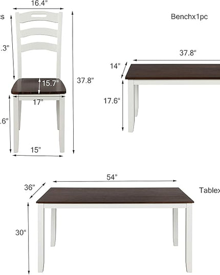 Modern Style 6 Piece Table 4 Chairs and Multifunctional Bench, Spacious Set, Long-Lasting Solid Rubber Wood, for Kitchen, Dining Room, Ivory - LeafyLoom