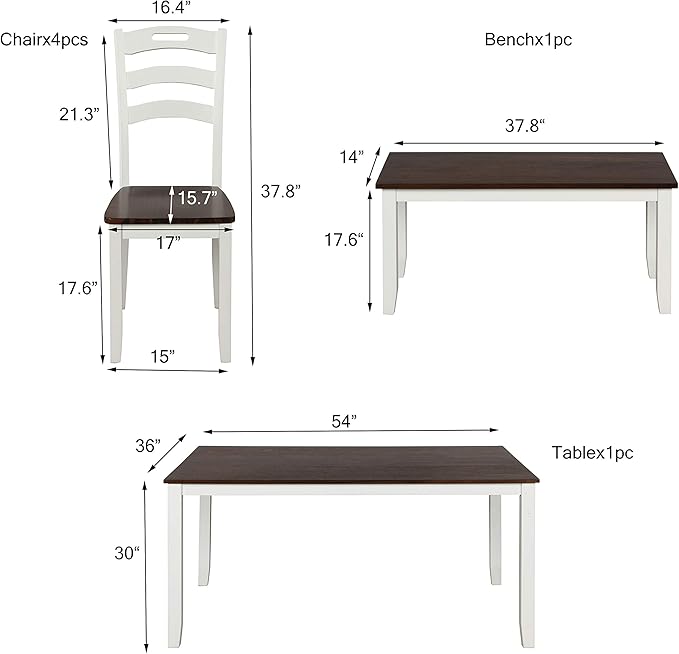 Modern Style 6 Piece Table 4 Chairs and Multifunctional Bench, Spacious Set, Long-Lasting Solid Rubber Wood, for Kitchen, Dining Room, Ivory - LeafyLoom