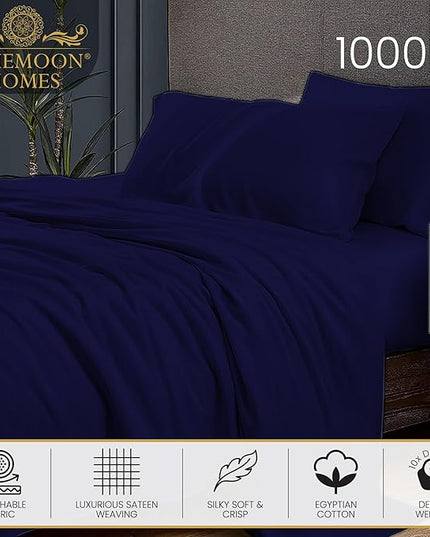 1000 Thread Count 100% Egyptian Cotton Sheets Set, California King Size Sateen Bed Sheet, 4 Piece Bed Sheet Sets, Long Staple, 18 Inches Deep Pocket, All Season, Bedding Soft Breathable, Navy Blue - LeafyLoom