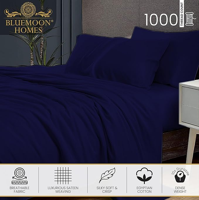 1000 Thread Count 100% Egyptian Cotton Sheets Set, California King Size Sateen Bed Sheet, 4 Piece Bed Sheet Sets, Long Staple, 18 Inches Deep Pocket, All Season, Bedding Soft Breathable, Navy Blue - LeafyLoom